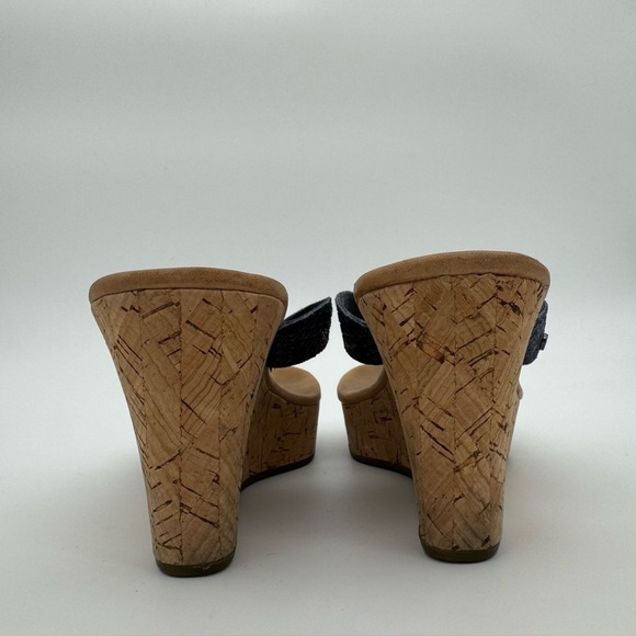 UGG Lucianna Wedge Sandals Size 9 Cork Platform Navy Blue Embossed Straps - Picture 5 of 10